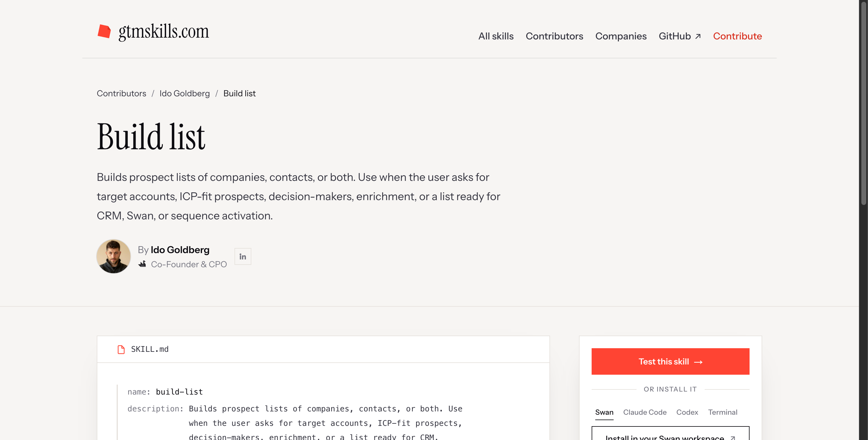 The Build list skill page, showing tool calls like swan-fetch-businesses and swan-enrich-company
