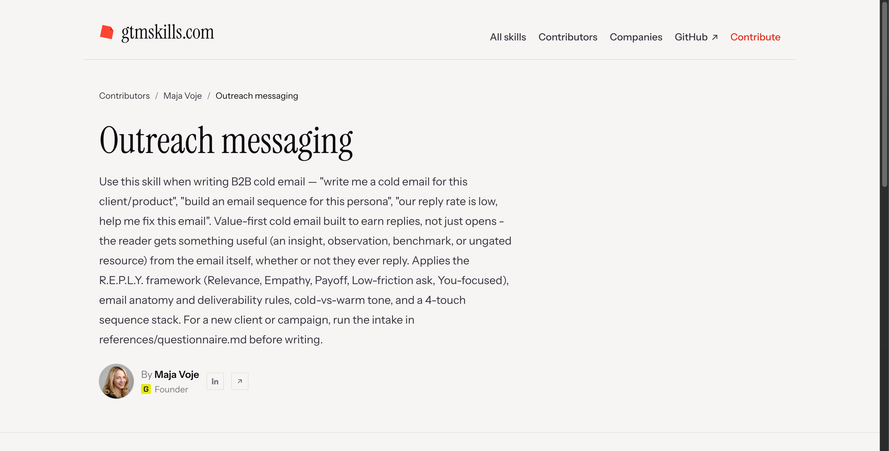 The Outreach messaging skill page showing the R.E.P.L.Y. cold email framework